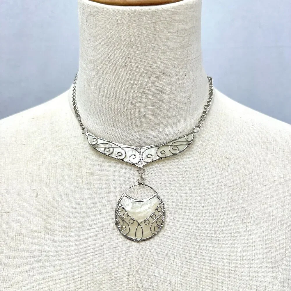 FairTrade Handcrafted Silver Scroll Metal Necklace With Abalone Shell Insert‎